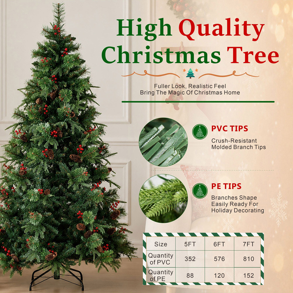 Abrihome Green Artificial Christmas Tree with Berries and Pinecones 7ft Image 8