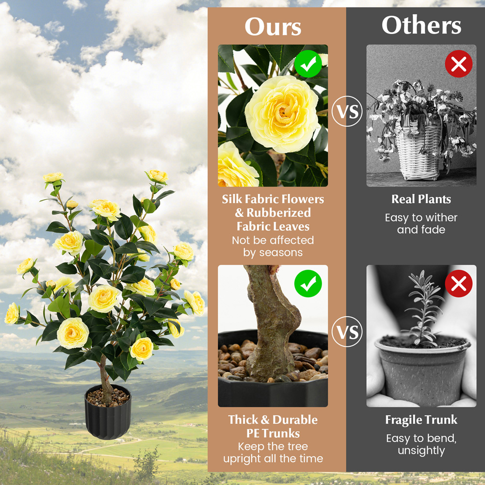 Costway Yellow Flowers Camellia Tree Artificial Plant In Pot 3.1ft Image 5