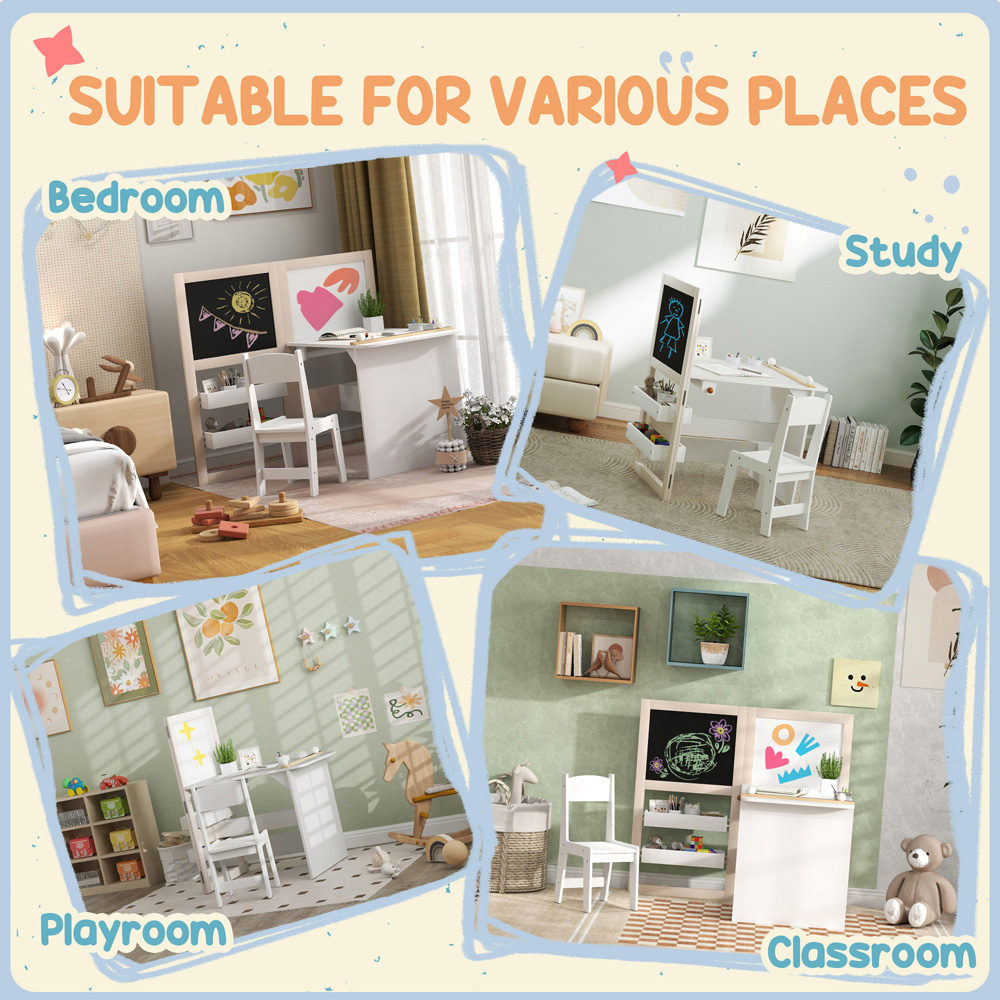 AIYAPLAY 3-in-1 White Kids Table and Chair Set with Whiteboard and Blackboard Image 8