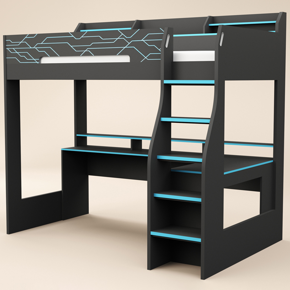 Recoil Ultimate Single Charcoal and Neon Blue Gaming High Sleeper Bed with LED Image 2