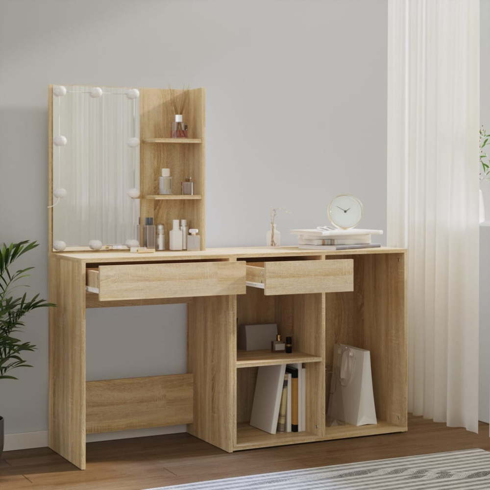 vidaXL Sonoma Oak Dressing Table with LED Mirror and Cabinet Image 8