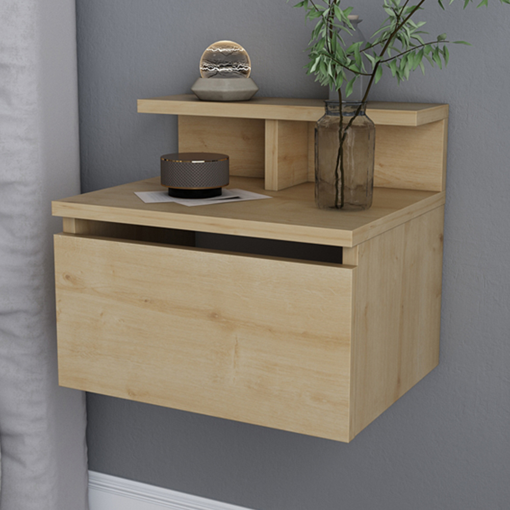 Decorotika Alice Single Drawer Single Shelf Oak Floating Bedside Table Image 1