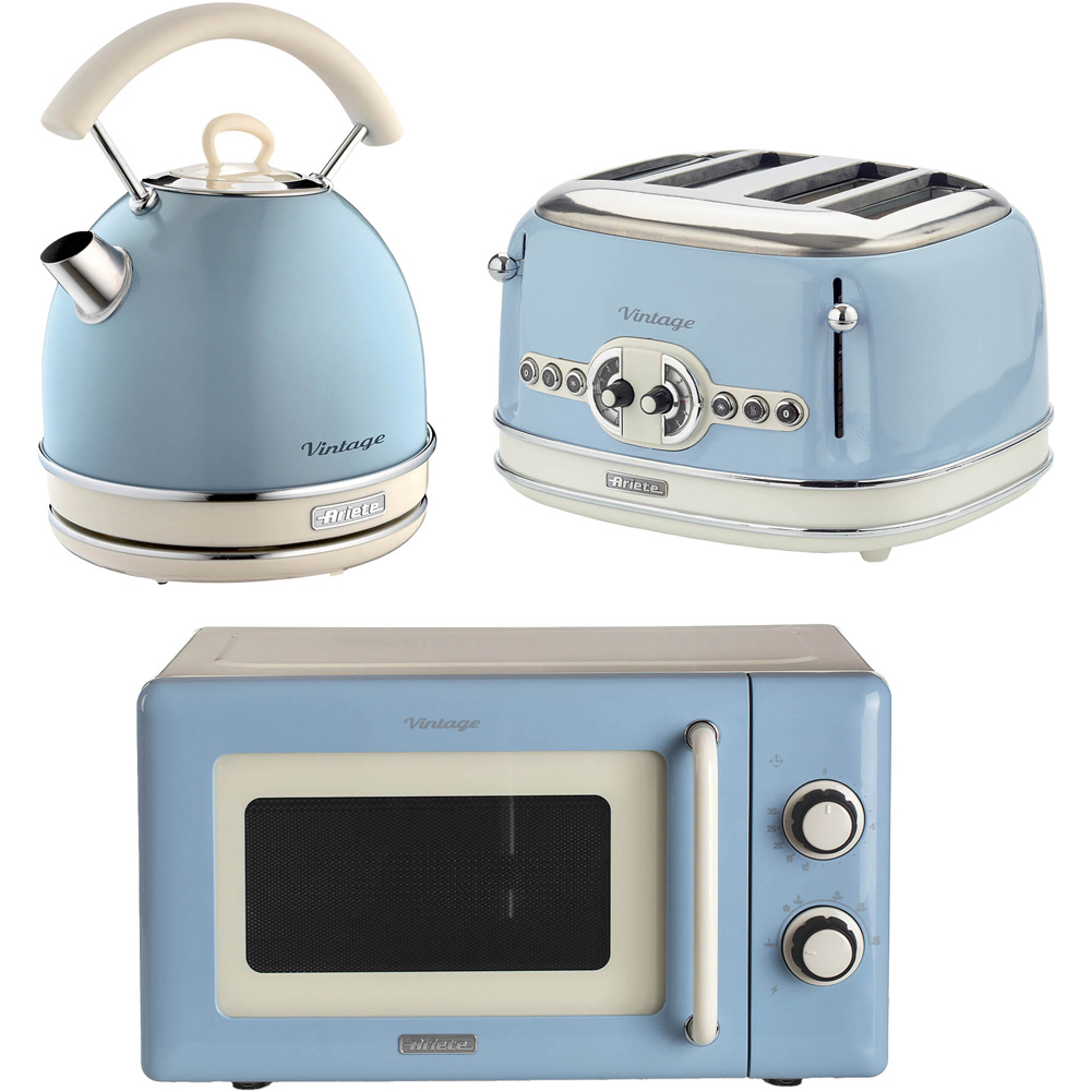 Ariete Vintage ARPK69 Blue 20L Microwave with 4 Slice Toaster and 1.7L Dome Kettle Set Image 1