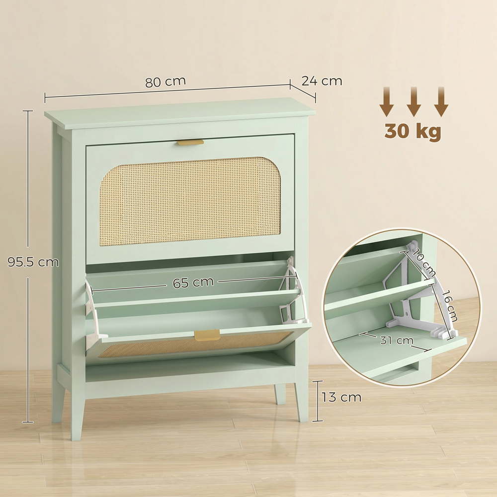 HOMCOM 2 Flip Door Green Rattan Boho-Style Slim Shoe Cabinet Image 9