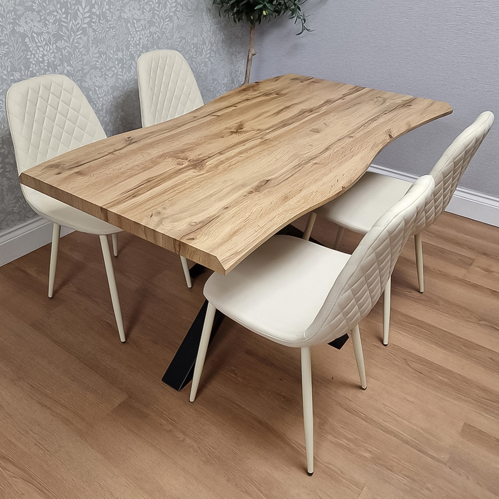 Portland 4 Seater Gem Pattern Faux Leather Wooden Tabletop Dining Set Cream Image 1