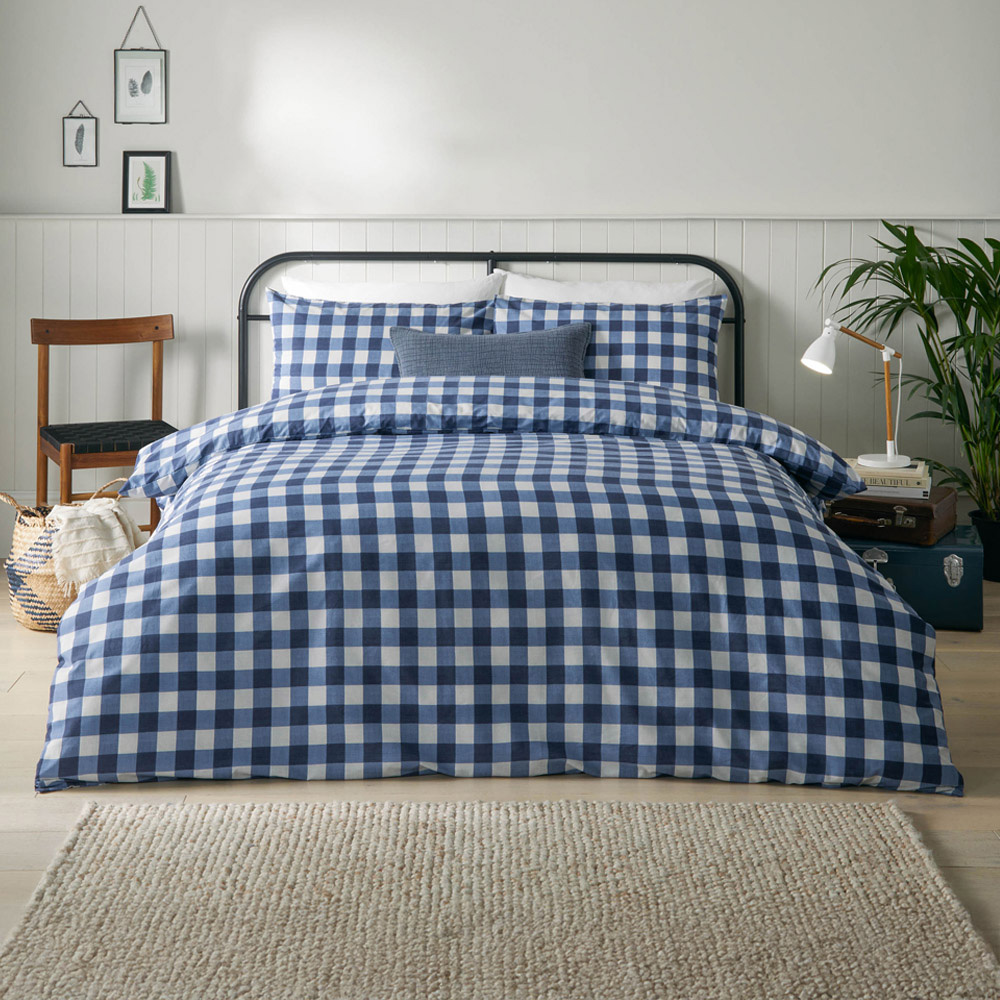 furn. Hartsford Double Navy Check Printed Duvet Set Image 1