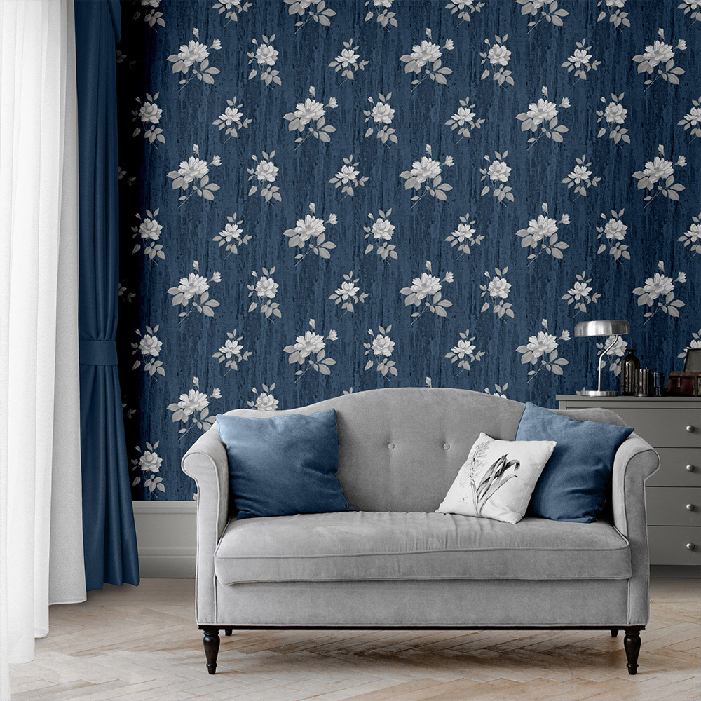 Muriva Darcy James Oleana Floral Blue Wallpaper Image 3