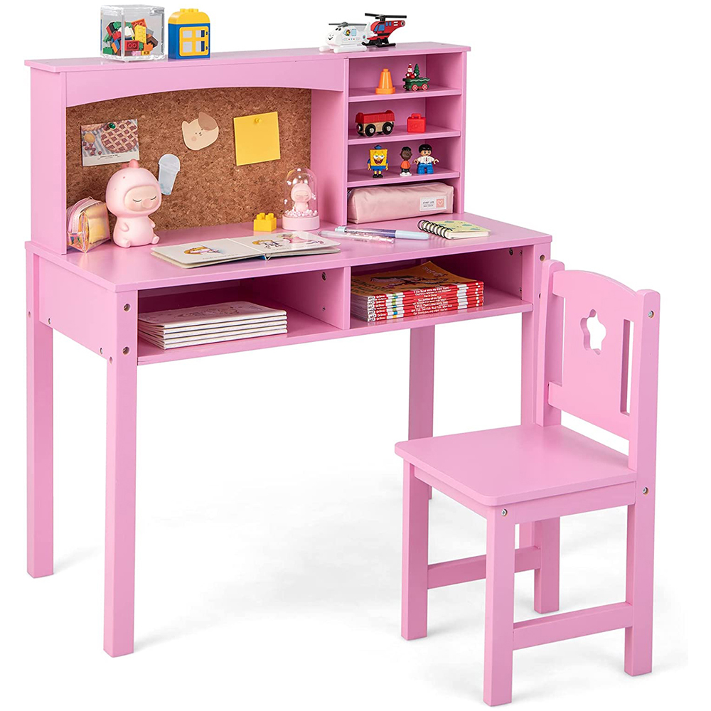 Costway Kids Pink Table and Chair Set with Hutch Image 4