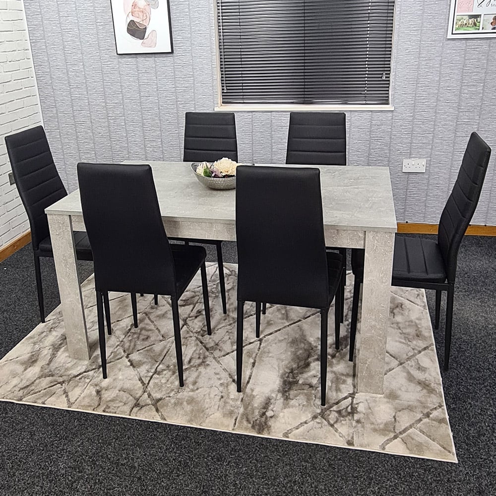 Portland Leather 6 Seater Dining Set Stone Grey and Black Image 1