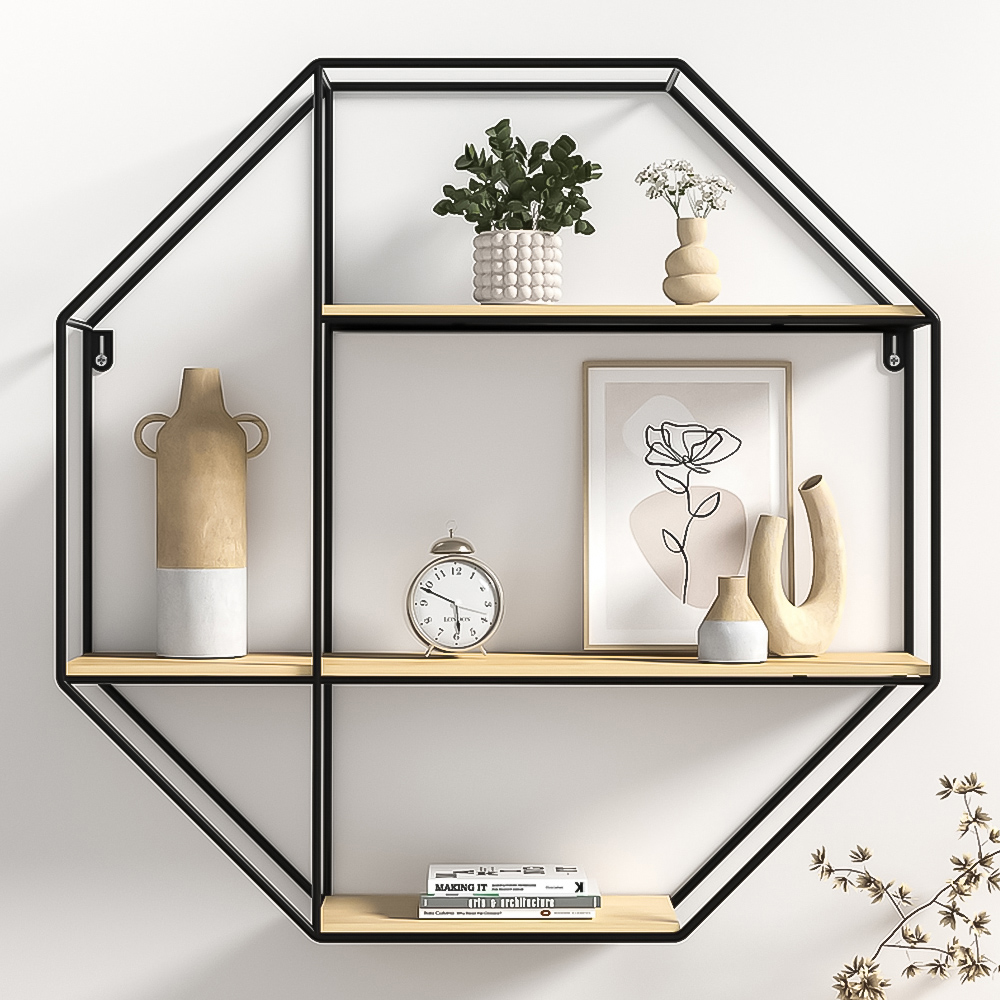 Living and Home 3 Shelf Octagonal Floating Decorative Wall Shelf Image 1