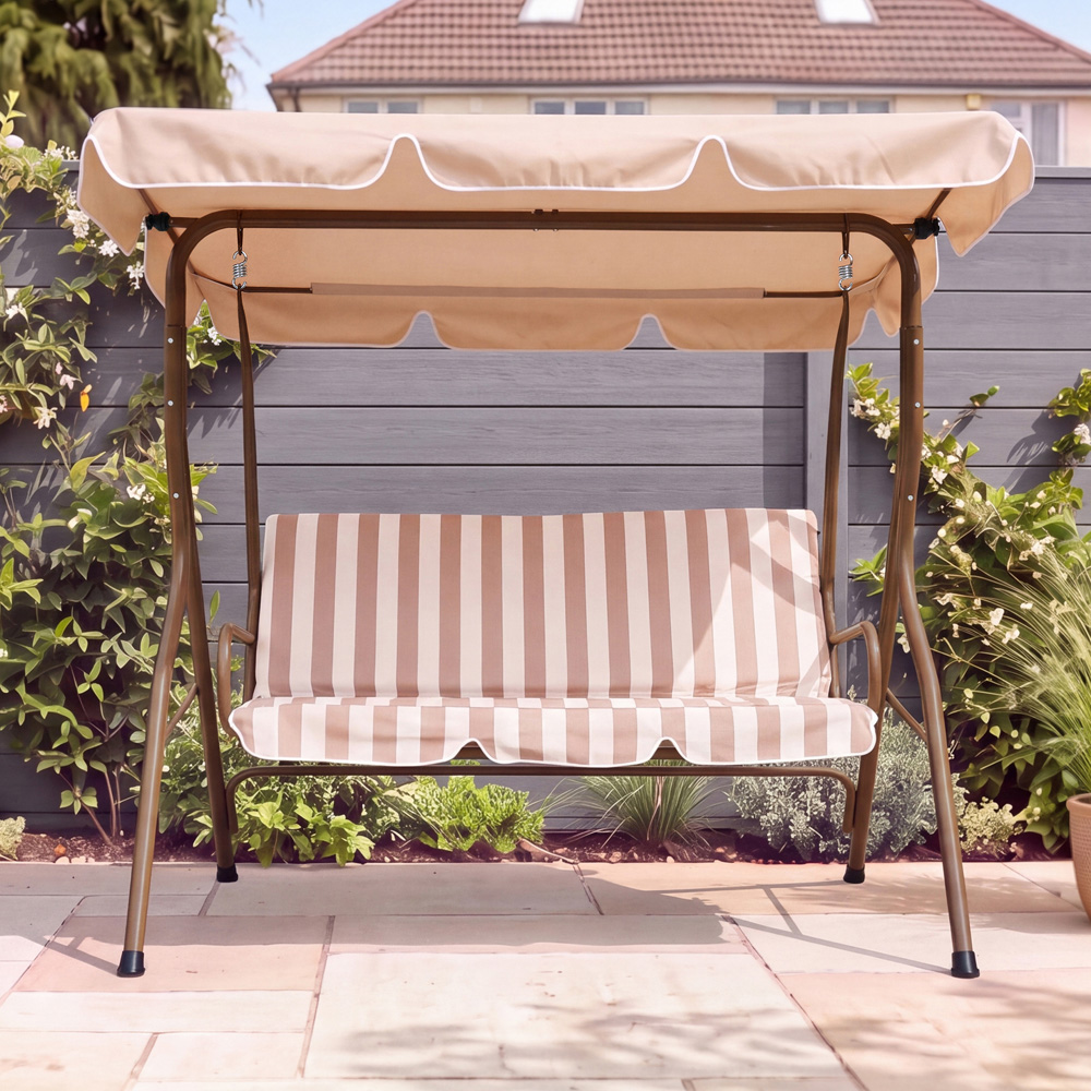 Charles Bentley 3 Seater Beige and White Garden Swing Seat Image 7