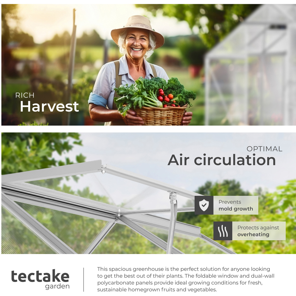 tectake Aluminium Frame Skylight 6.2 x 4ft Greenhouse with Lean-To and Sliding Door Image 7