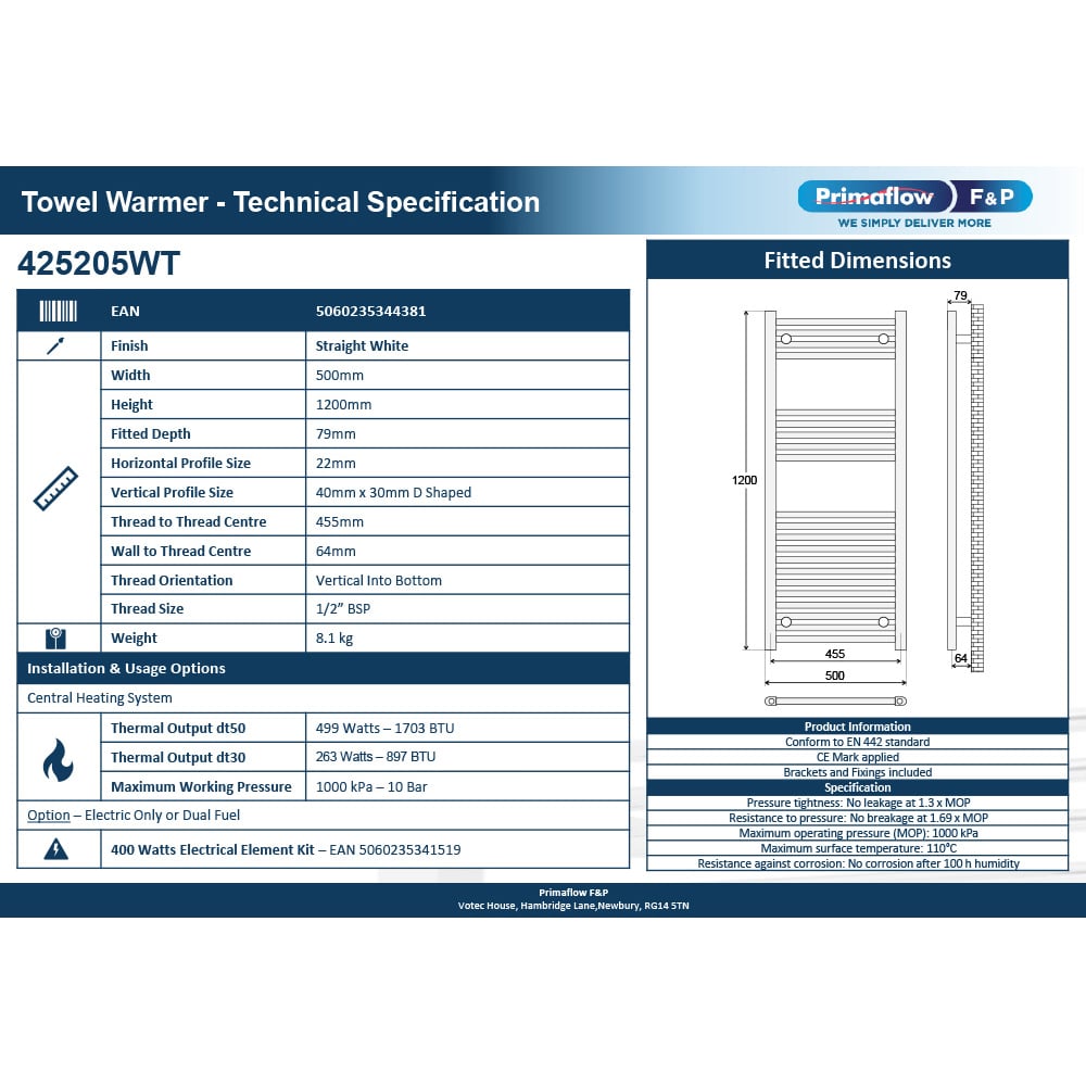 Prorad 2 White Straight Towel Rail 500 x 1200mm Image 2