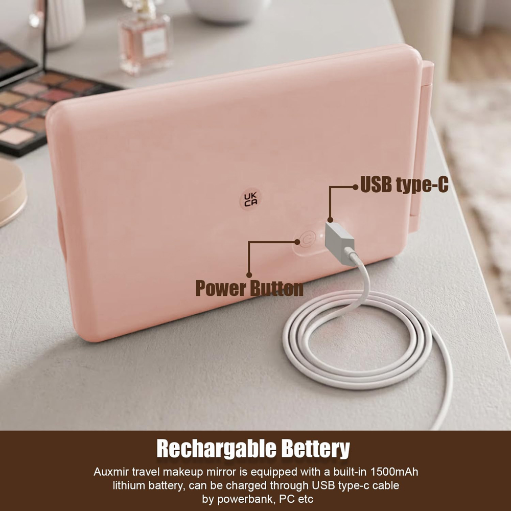 ATEK Pink Rechargeable LED Touch Control Travel Makeup Mirror with 10x Magnifying Insert Image 4