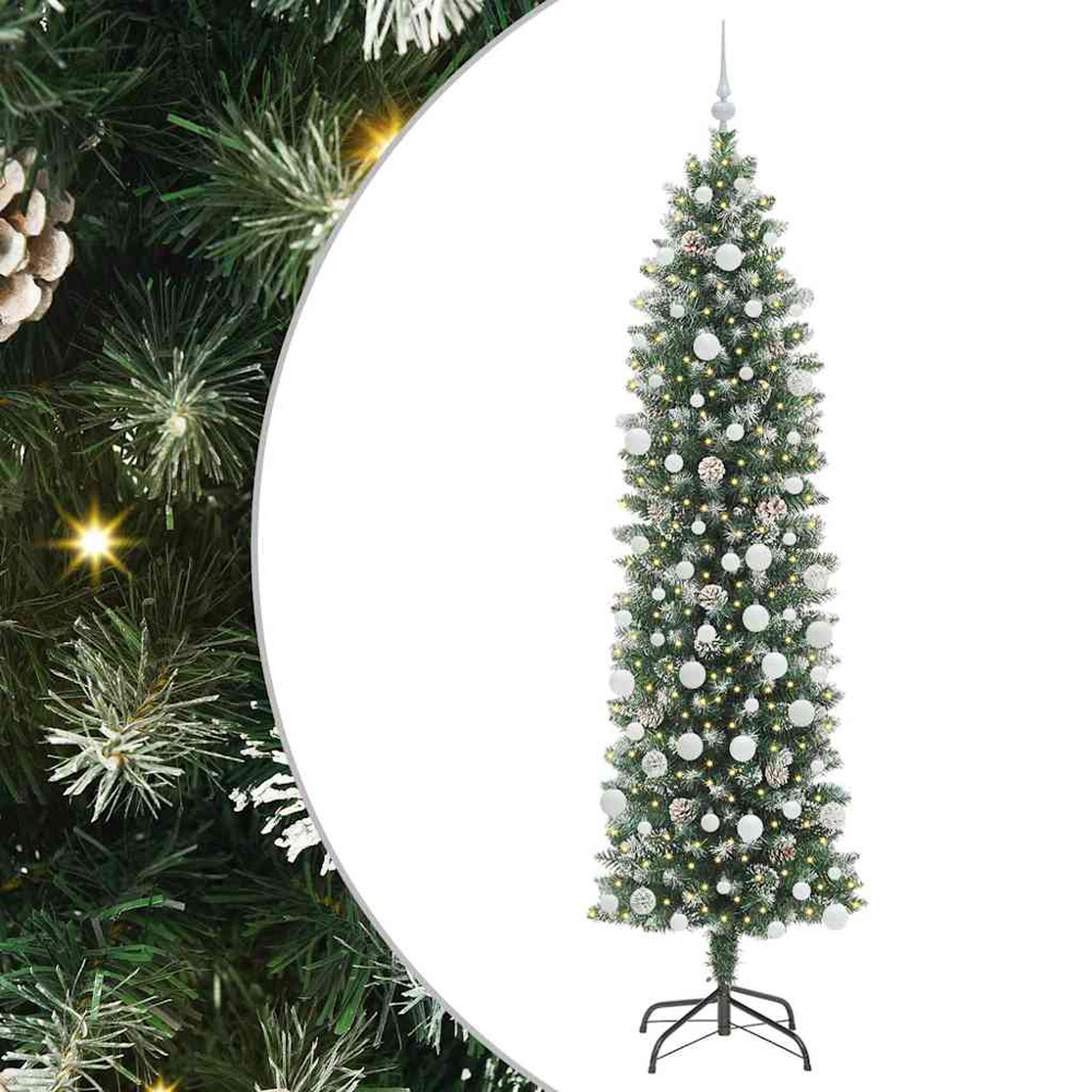 vidaXL Pre-Lit Warm White LED and White Baubles Green Slim Artificial Christmas Tree 7ft Image 7