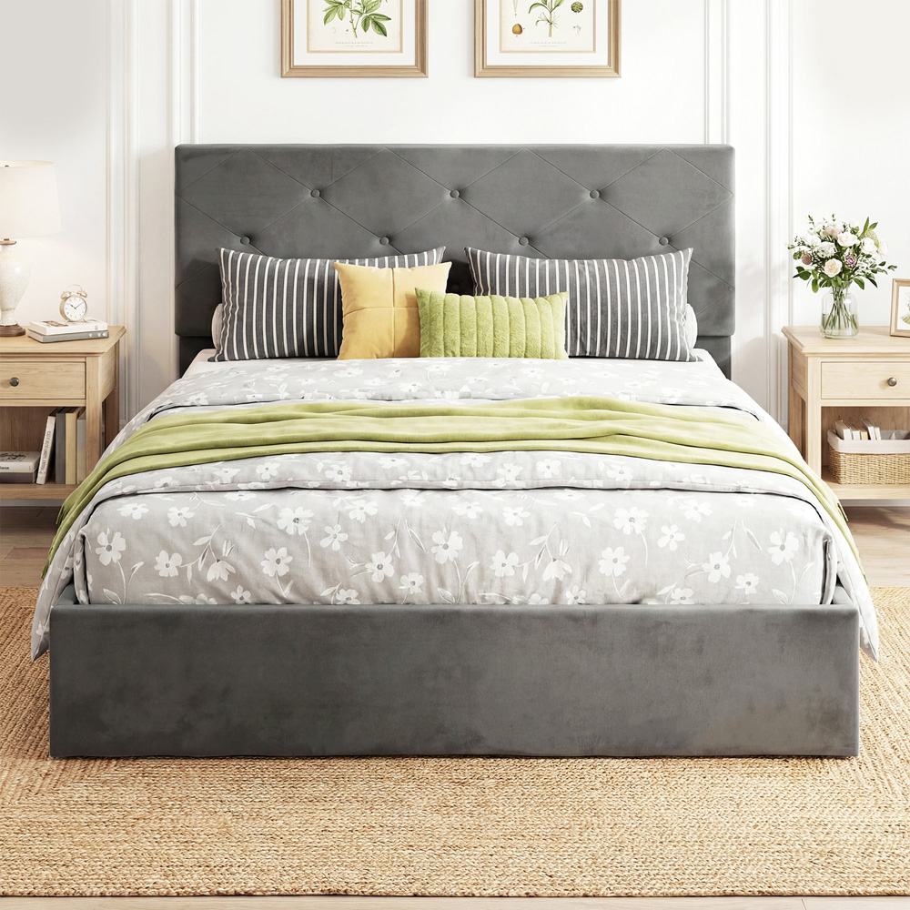 Portland King Size Dark Grey Gas Lift-Up Bed Frame with Button-Tufted Headboard Image 2