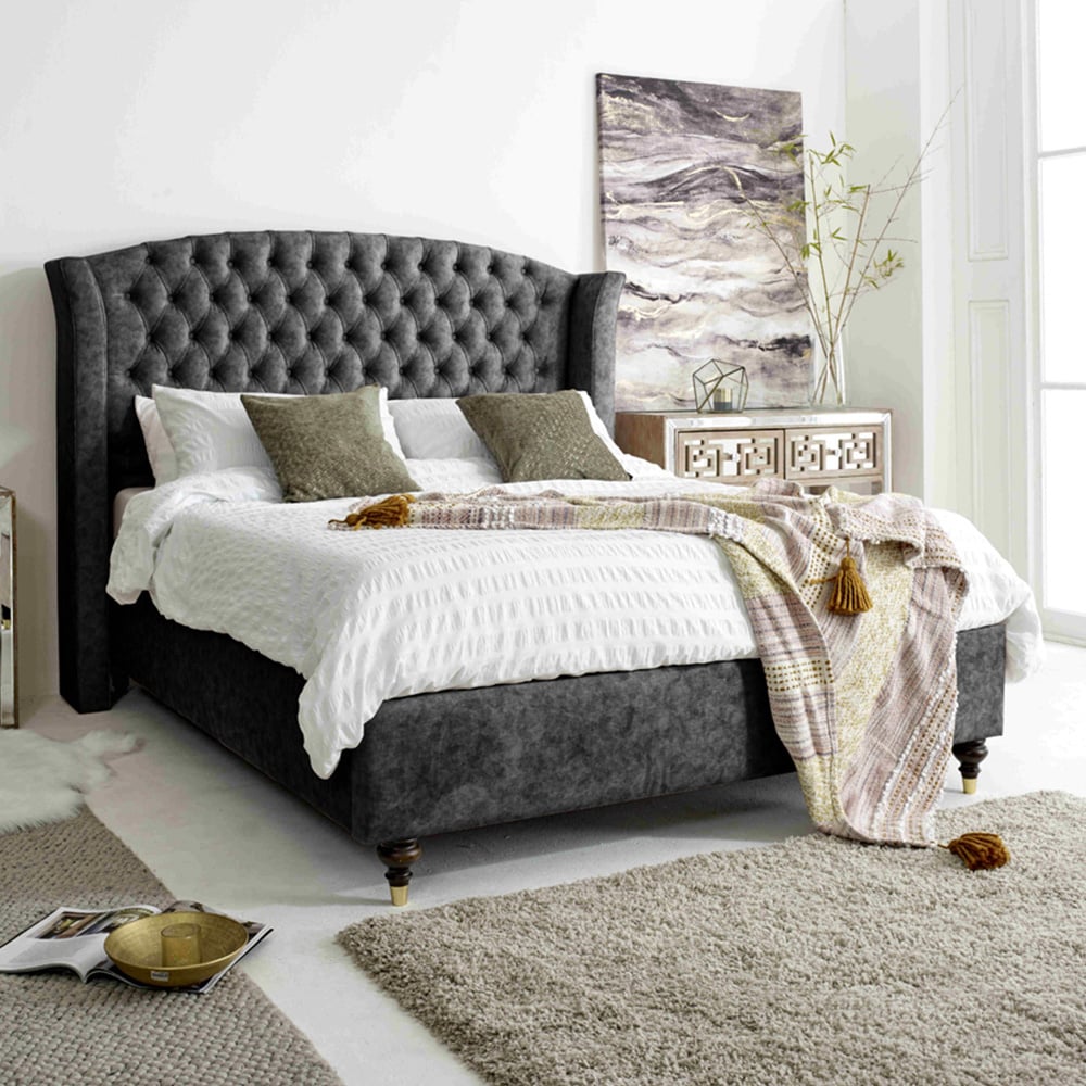 Eleganza Roseland Super King Size Granite Oakland Fabric Bed Frame with Chesterfield Headboard Image 1