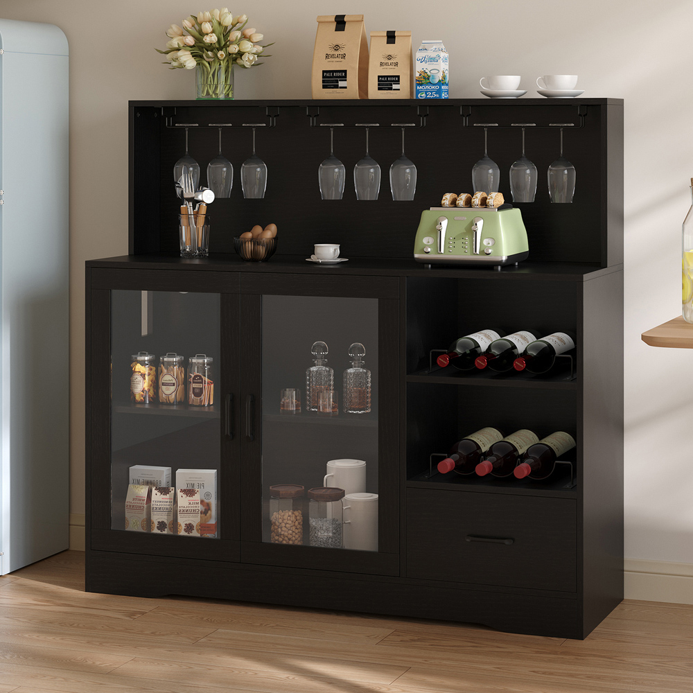 Living and Home 2 Door Single Drawer 3 Shelf Black RGB LED Bar Cabinet with Power Outlet Image 7