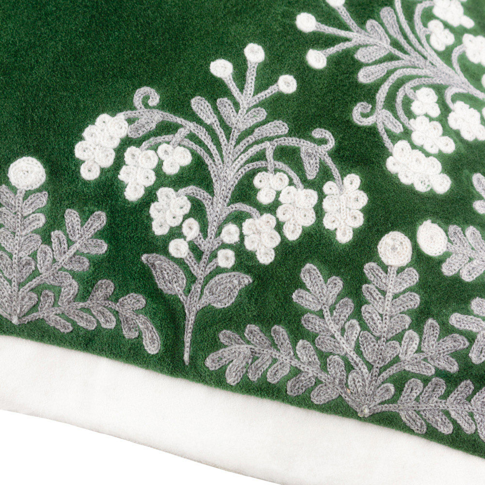 Paoletti Winter Bloom Embroidered Green Cotton Velvet Cushion 50 x 50cm Image 4