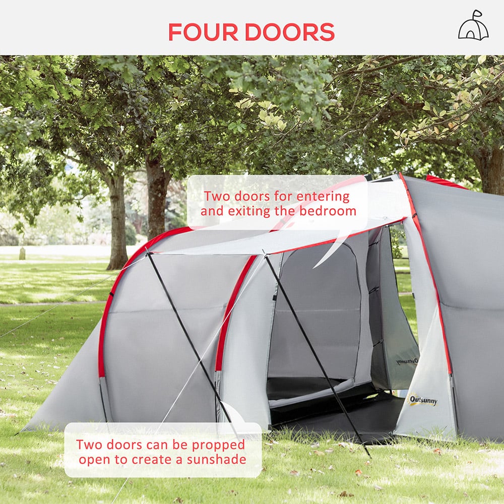 Outsunny 4-6 Person Waterproof Camping Tent with 2 Bedroom Grey and Red Image 5