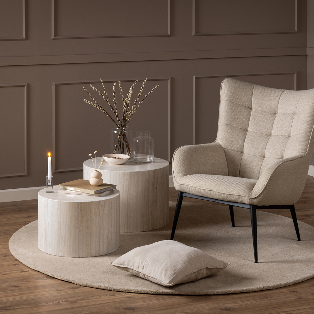 Florence Dice Round Light Travertine Effect Coffee Table Set of 2 Image 8
