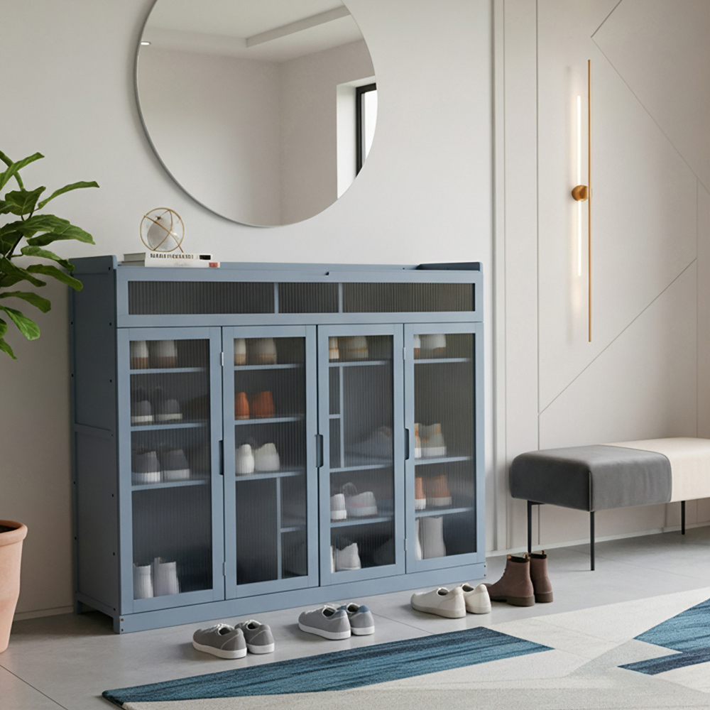 Living and Home 4 Door Blue Grey Bamboo Shoe Cabinet Image 8
