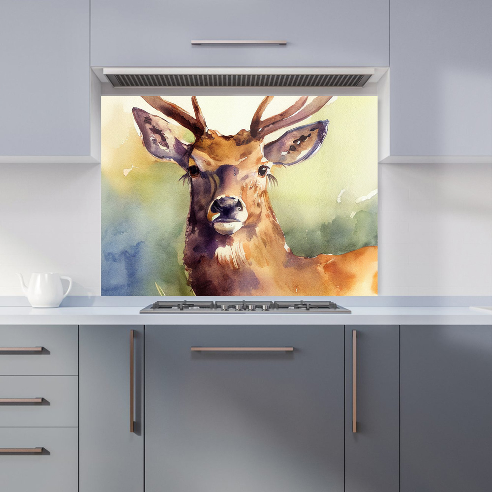 Warren Reed Designer Splendid Stag Watercolour Glass Kitchen Splashback 65 x 90cm Image 1