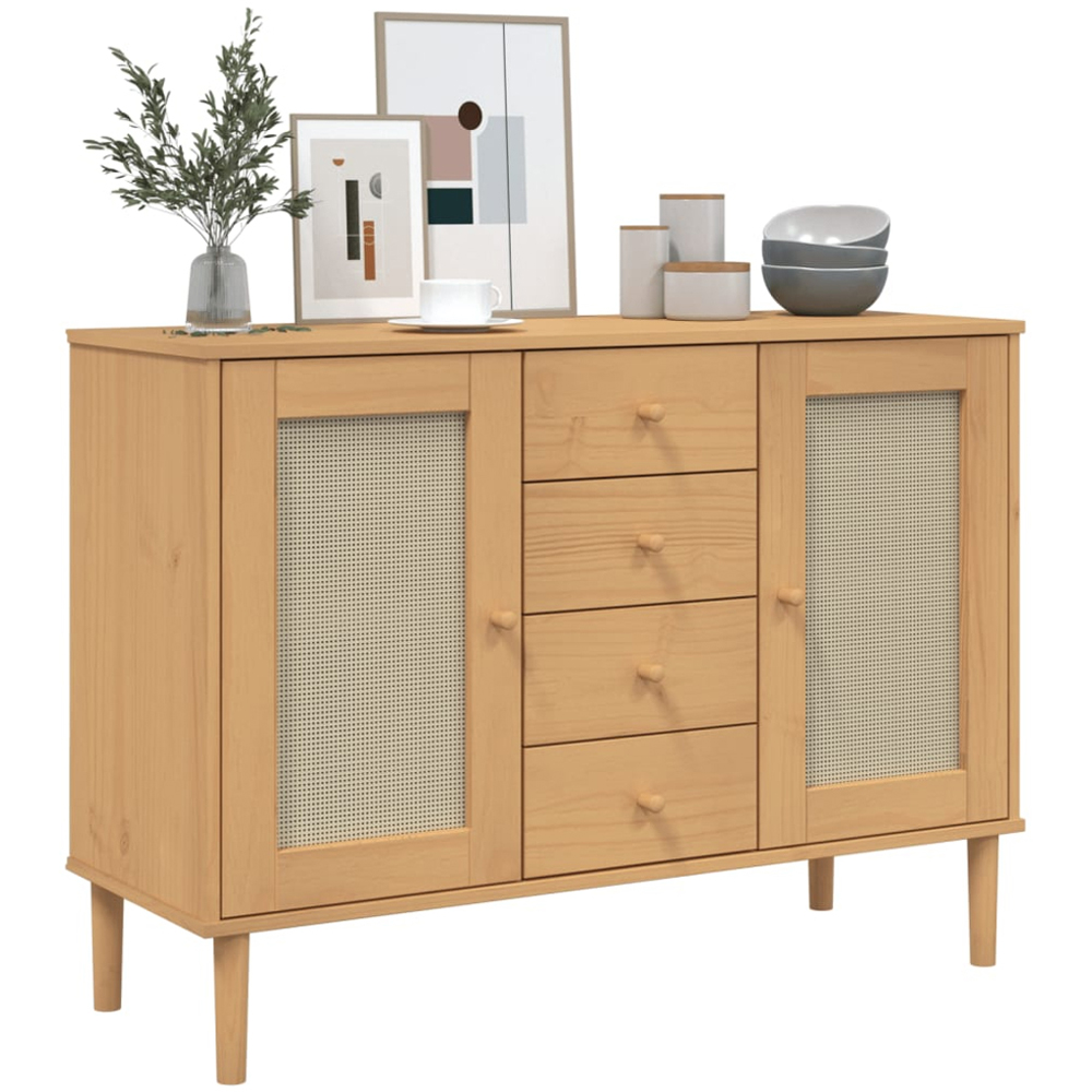 vidaXL Senja 2 Door 4 Drawer Brown Solid Pine Wood Rattan Look Sideboard Image 3