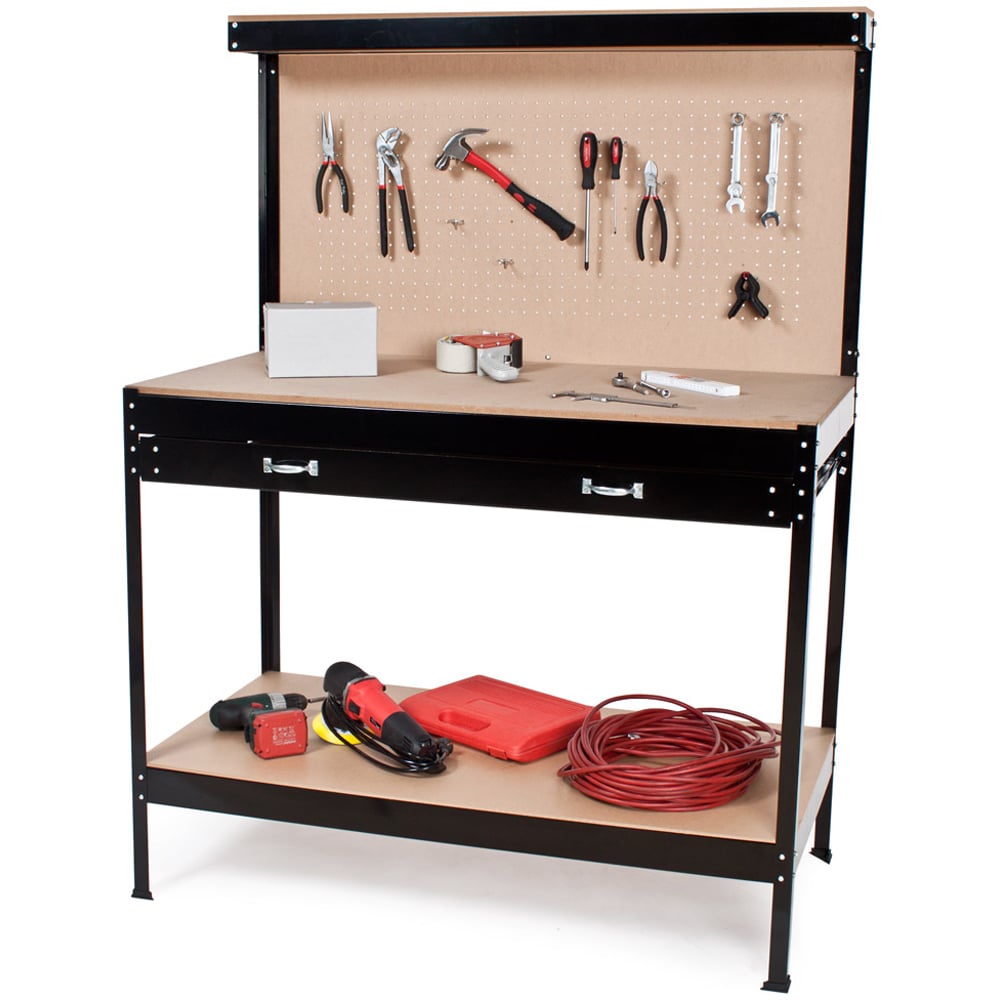 tectake 2 Shelf Single Drawer Black Workbench with Pegboard Image 3