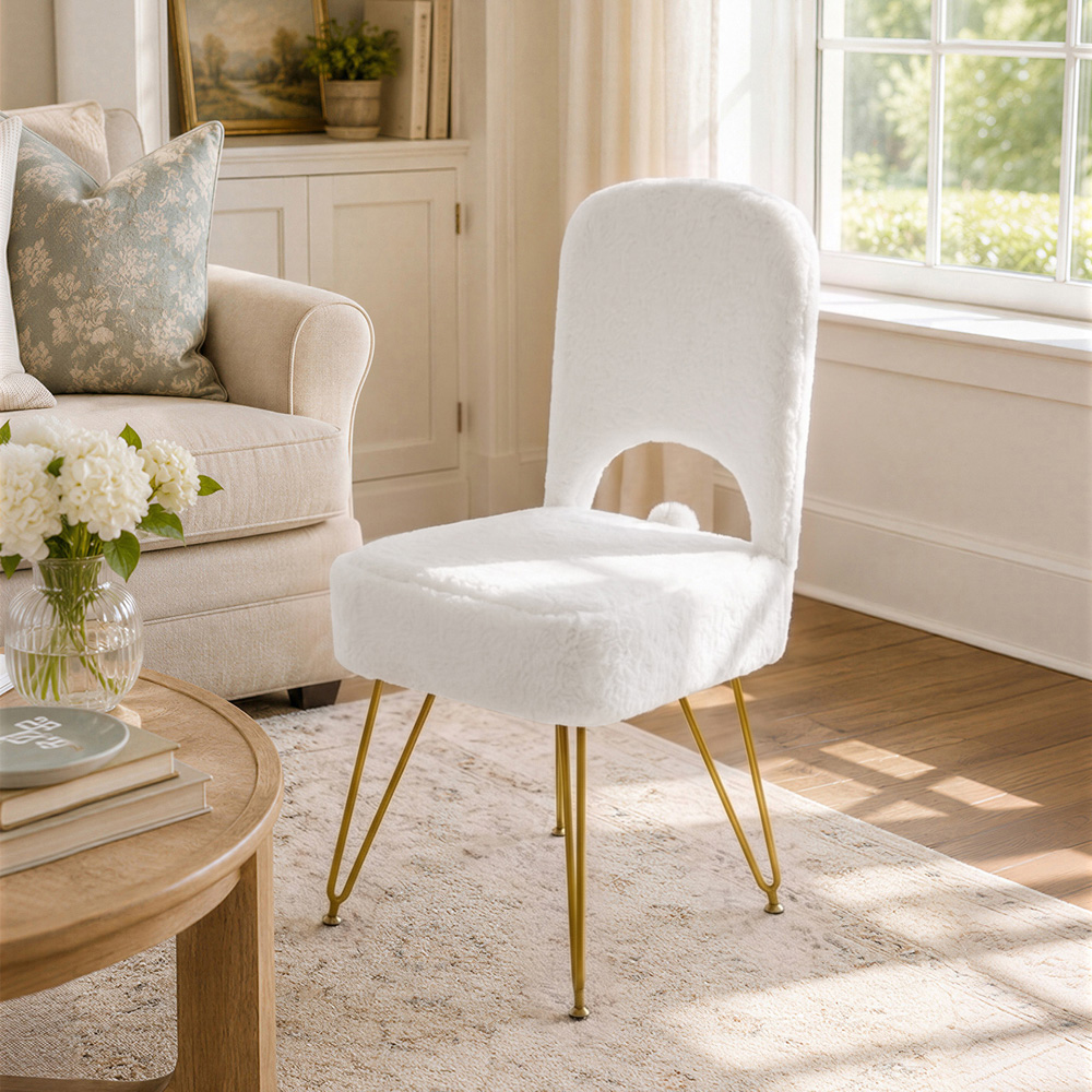 Living and Home White Faux Rabbit Fur Foldable Backrest Vanity Chair with Hidden Storage Image 7