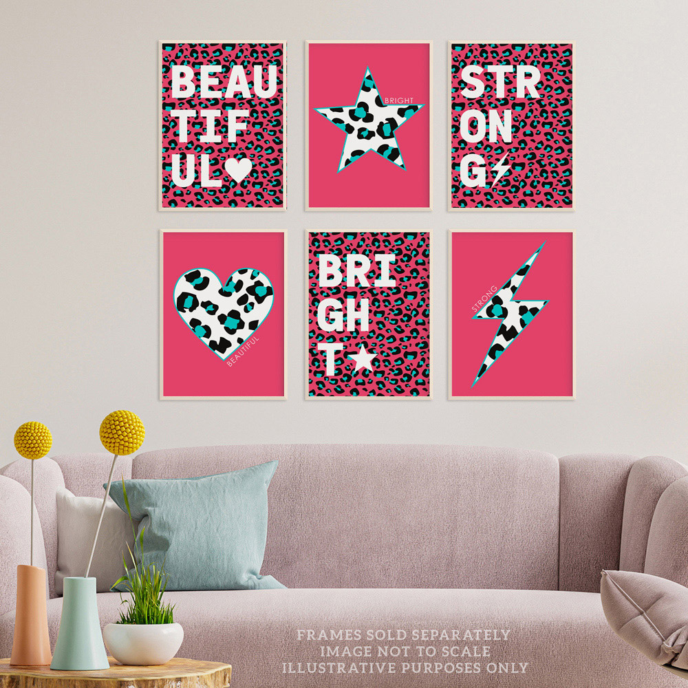Wee Blue Coo Pink and Turquoise Leopard Pattern Bold Shapes Wall Art Print 30 x 41cm 6 Pack Image 2