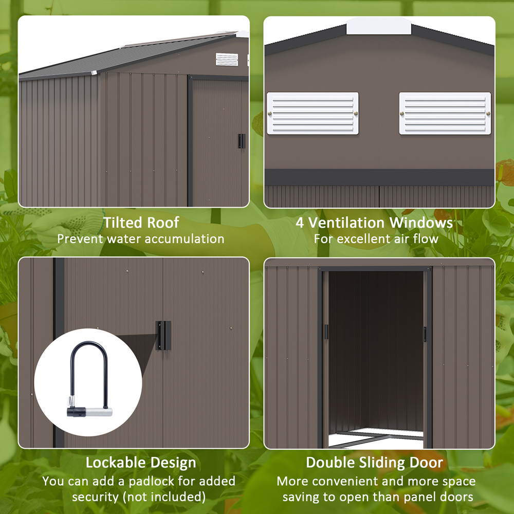 Outsunny 9 x 6ft Double Door Brown Garden Metal Shed Image 5