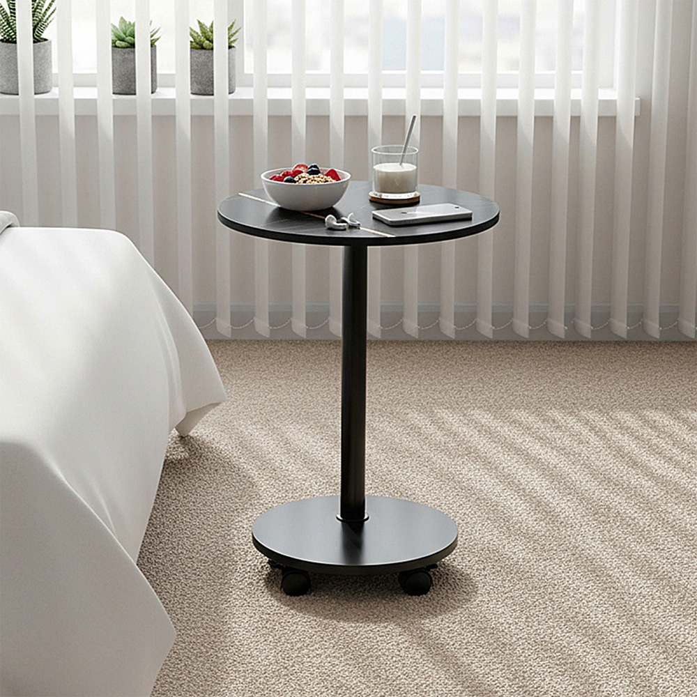 Living and Home Black Marble Look Round Side Table with Lockable Castors Image 7