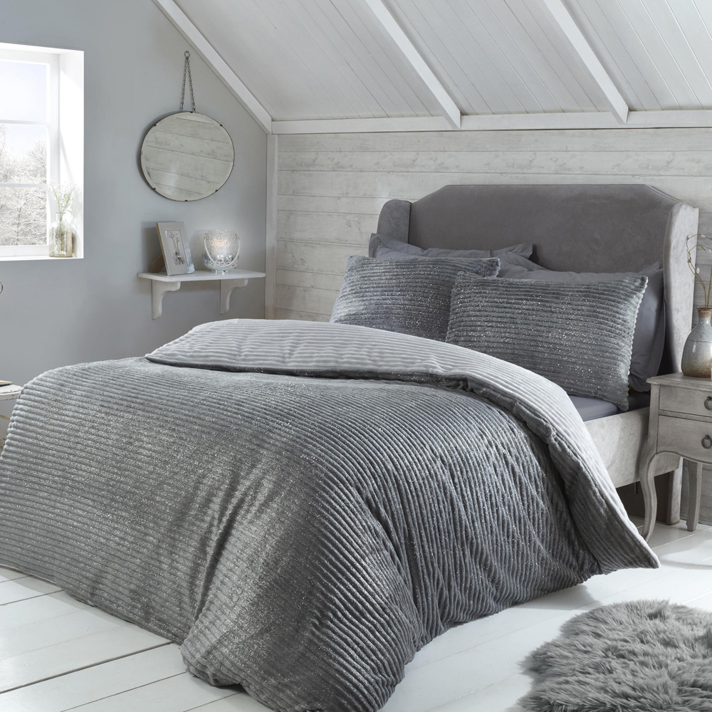 Smart Living Double Grey Sparkle Ribbed Fleece Reversible Duvet Cover Set Image 1
