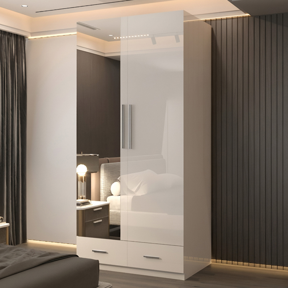 Sliding Wardrobes 4U 2 Door 2 Drawer White High Gloss Hinge Door Wardrobe 90cm Image 1