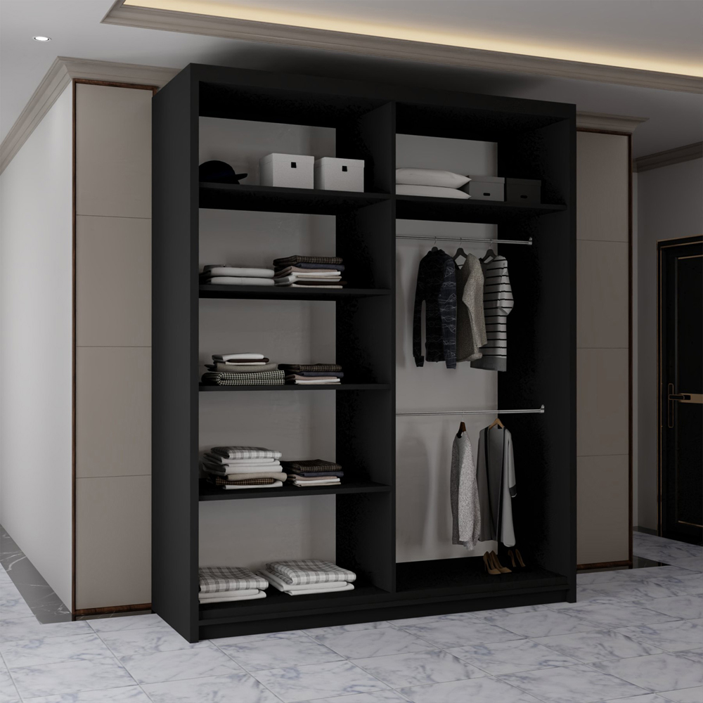 M N Furniture Osaka 2 Door Black Mirrored Panel Sliding Wardrobe 150cm Image 3