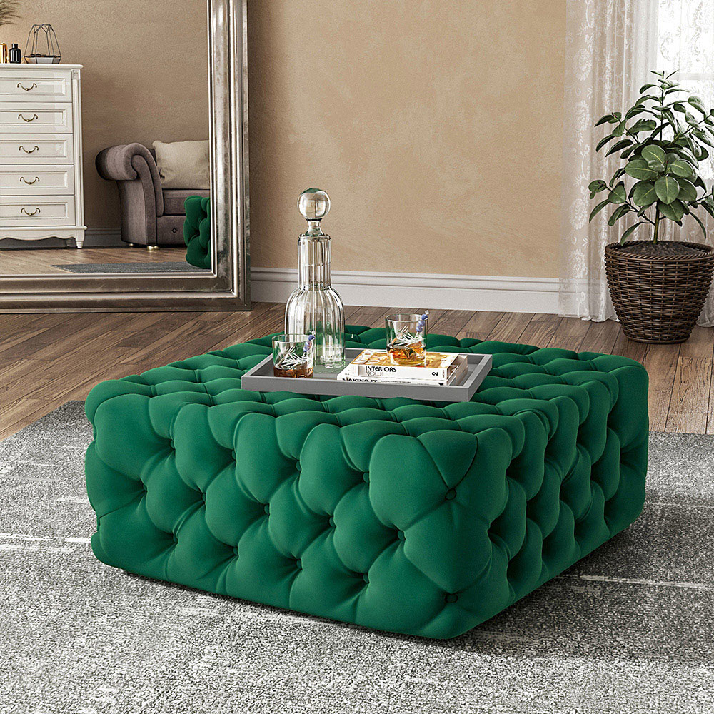Living and Home Green Velvet Deep Buttoned Footstool Image 6