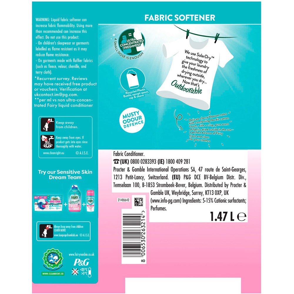 Fairy Outdoorable Ultra Concentrated Fabric Softener Cherry Blossom and Nordic Cotton 105 Washes Image 2