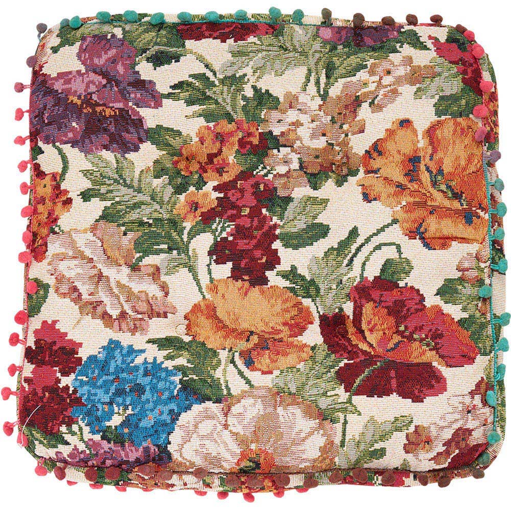Living and Home Beige Vintage Floral Embroidered Tatami Seat Cushion with Pom Poms 40 x 40cm Image 3