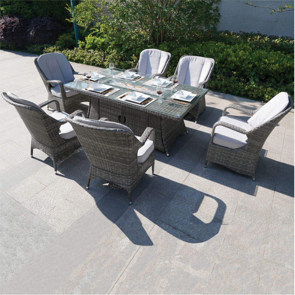 Direct Wicker 6 Seater Grey Rattan Rectangular Fire Pit Dining Table with Glass Top Image 3