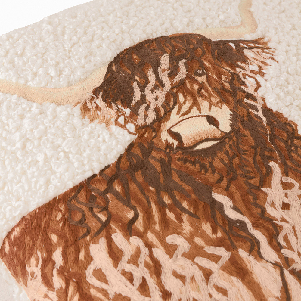 Evans Highland Cow Embroidered Natural Christmas Boucle Cushion 45 x 45cm Image 3