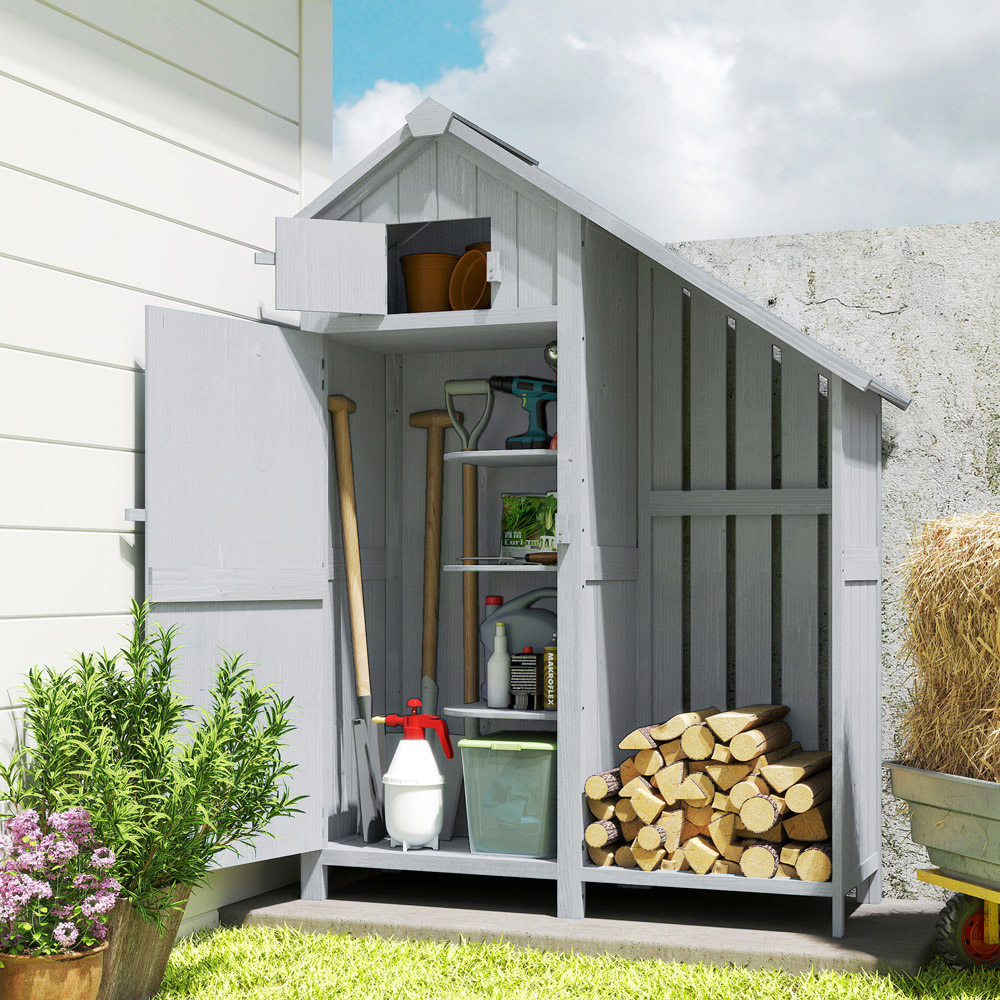 Outsunny 3.9 x 1.4ft Fir Wood Garden Storage Shed with Log Rack Image 2