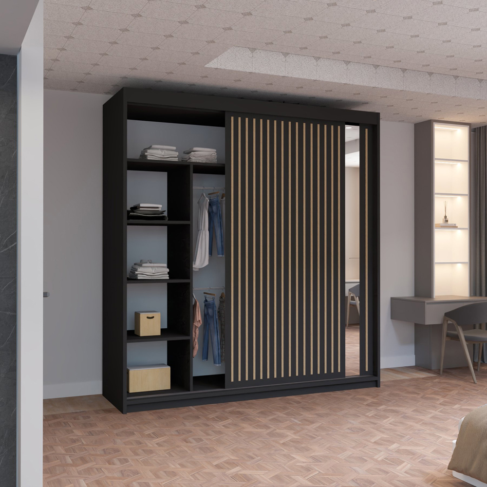 M N Furniture Roman 2 Door Black and Oak Mirrored Sliding Wardrobe 203cm Image 3
