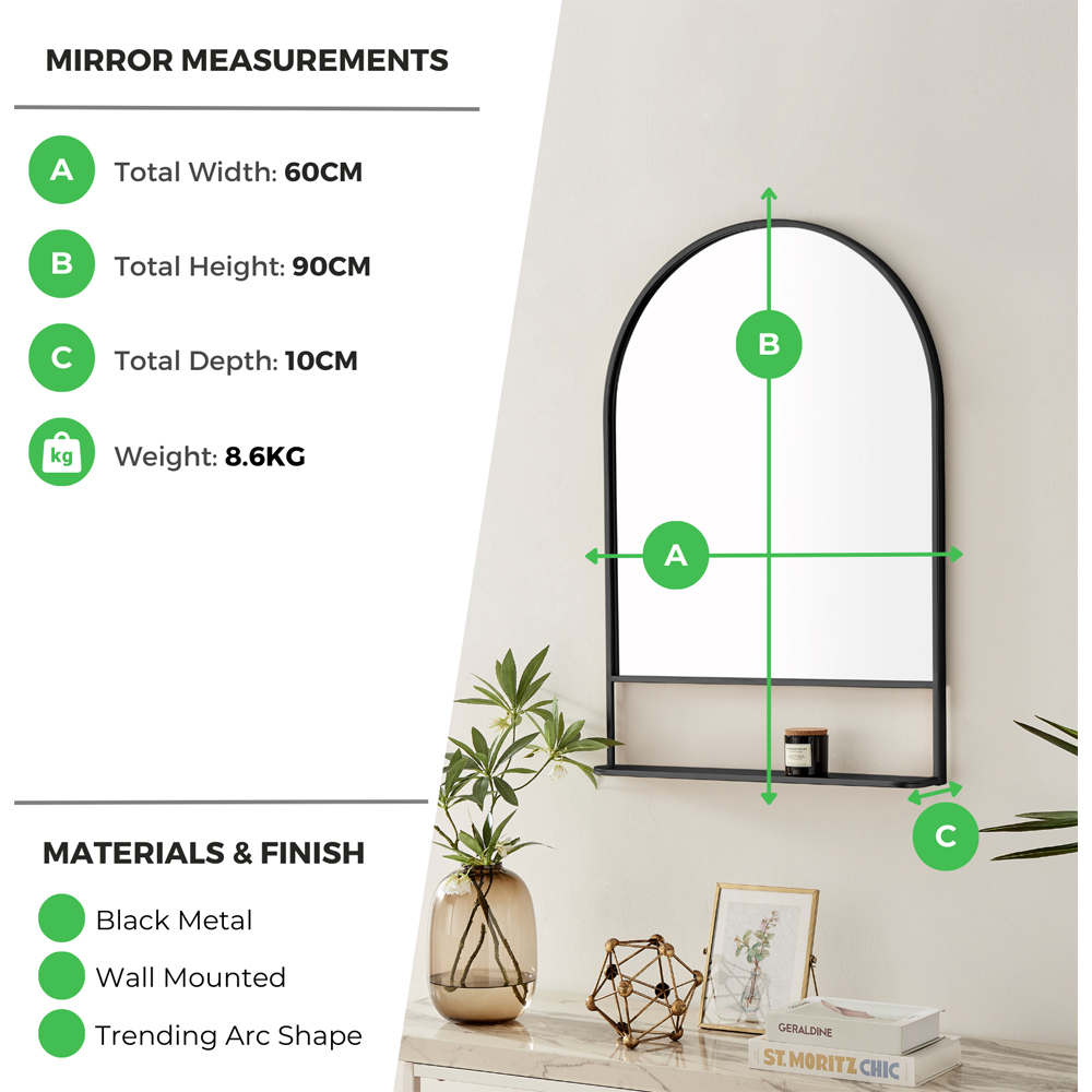 Furniturebox Zara Black Arch Metal Wall Mirror with Shelf 90 x 60cm Image 9