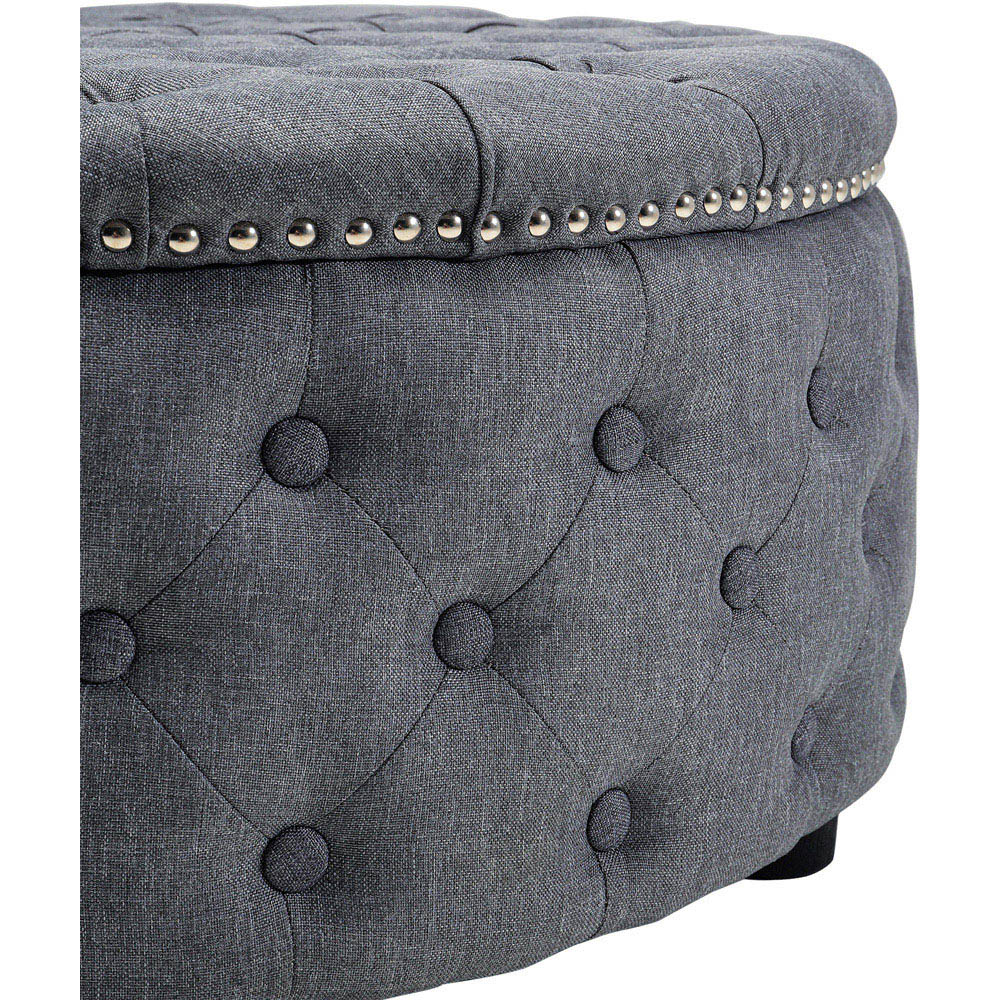 Living and Home Dark Grey Linen Round Buttoned Ottoman with Studded Edge Image 4