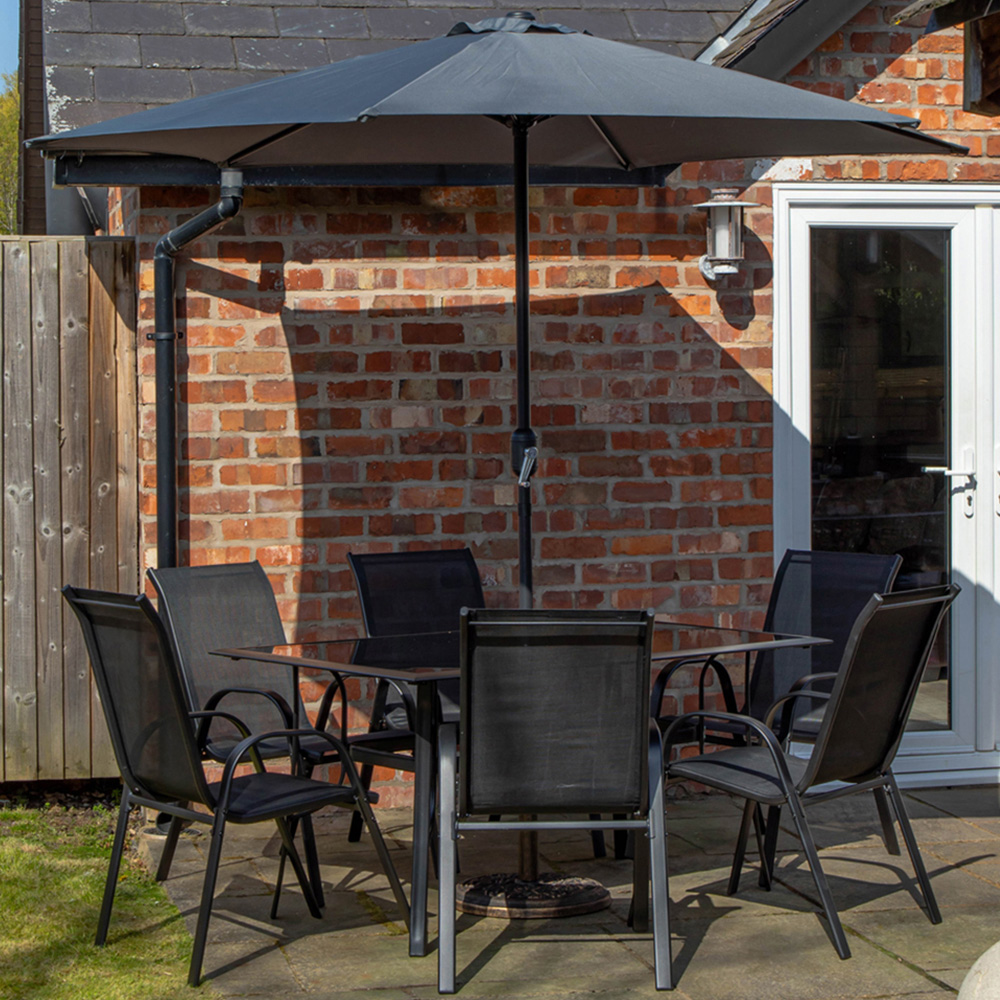 Samuel Alexander 6 Seater Glass Top Garden Dining Table with Grey Parasol and Base 2.7m Image 1