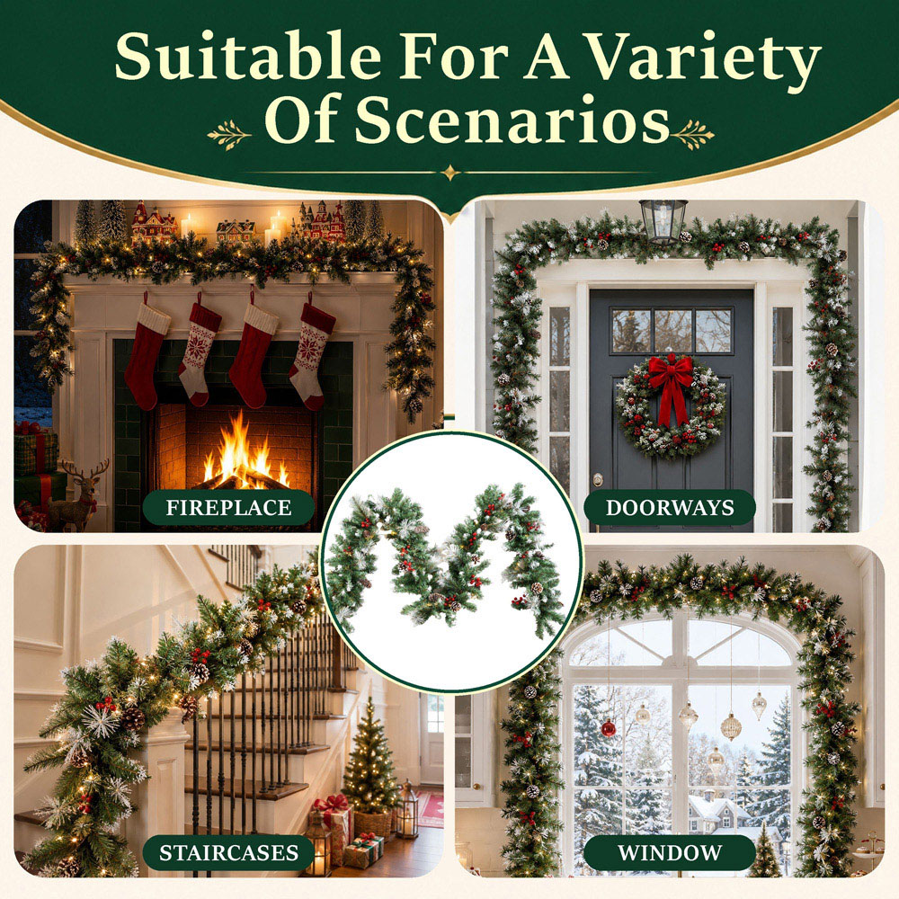 Abrihome 50 Warm White LED Snow-Dusted Artificial Christmas Garland with Pinecones and Berries 270cm Image 7