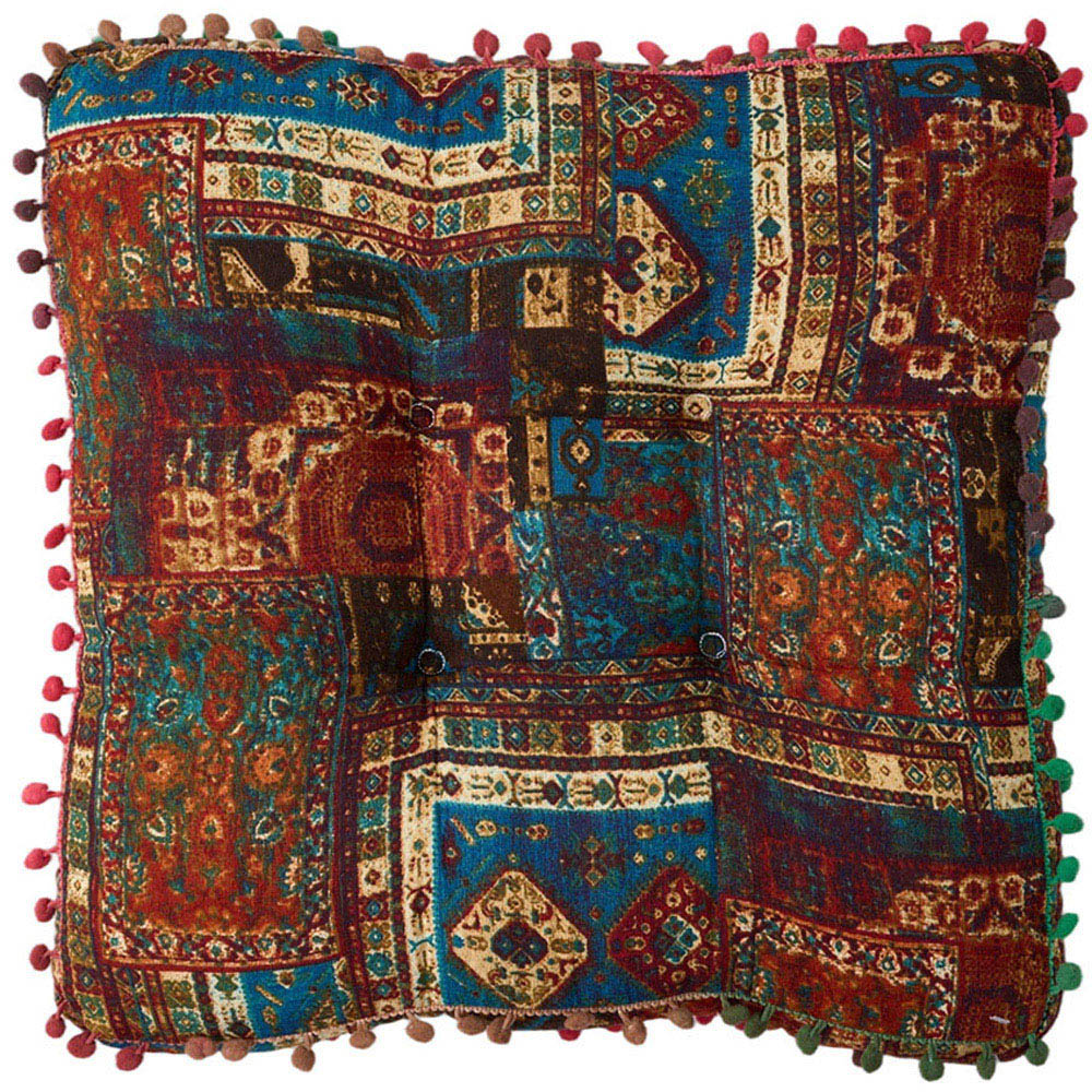 Living and Home Blue Bohemia Style Square Seat Cushion with Pom Pom Trim 40 x 40cm Image 3