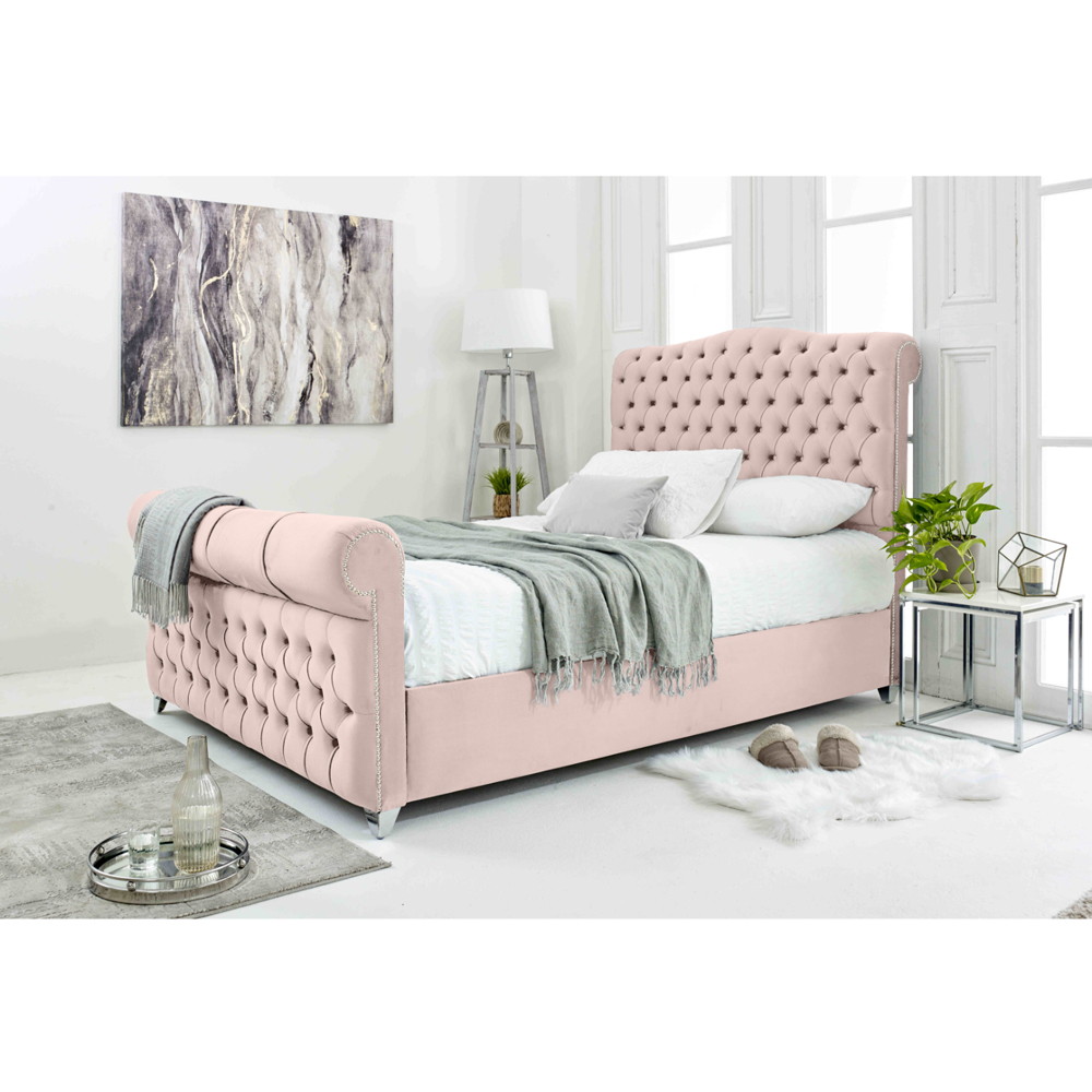 Eleganza Maynard Single Pink Plush Velvet Bed Frame with Matching Buttons Image 2
