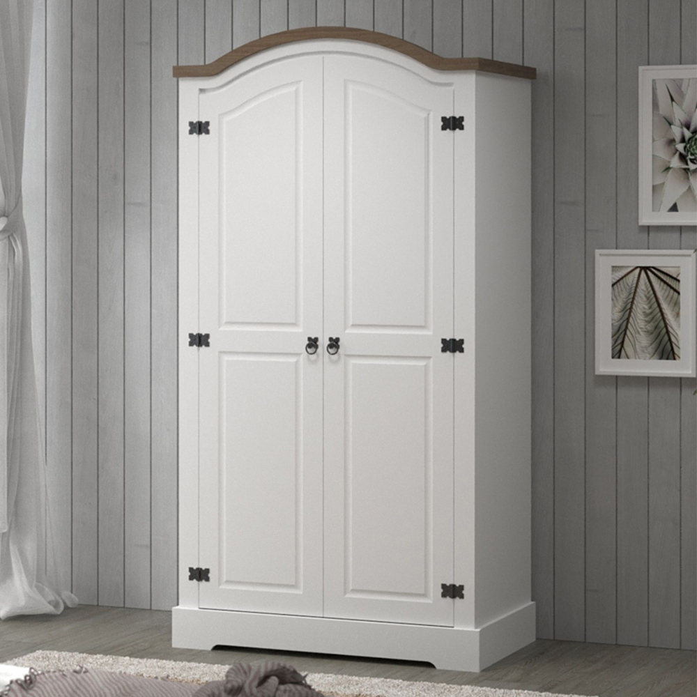 Home Source Corona 2 Door White Arched Wardrobe with Waxed Mexican Pine Top Image 1